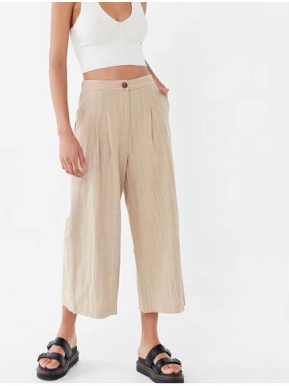 Urban Outfitters Lost + Wander Sun Tan Striped Linen Wide Leg Pant Women's Small